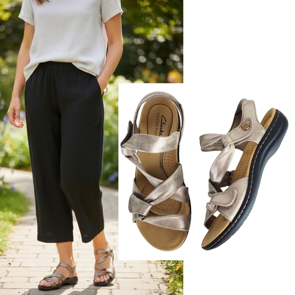 New Clarks wide width Laurieann bell strappy sandals taupe metallic bohemian